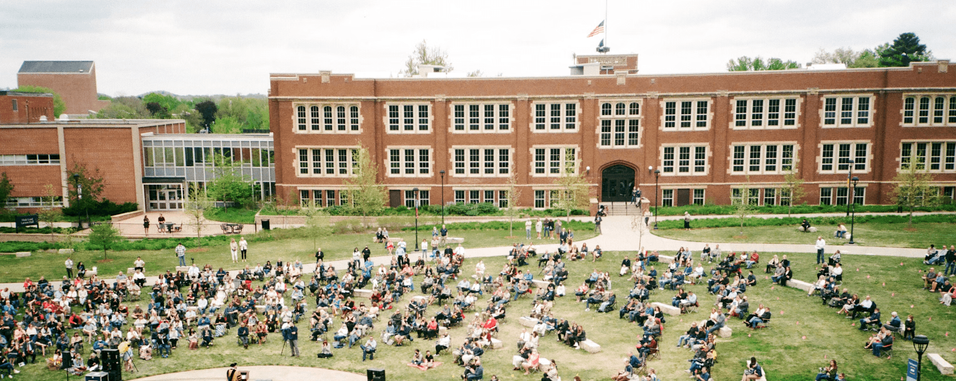 University campus with students.